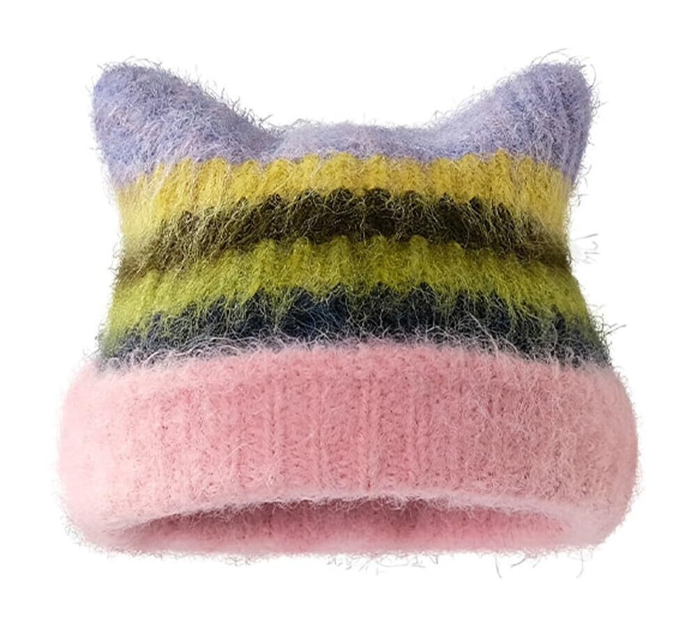 8858 Girls Cute Cat Ears Beanie Hat Winter Warm Knit Hat Retro Y2K Skull